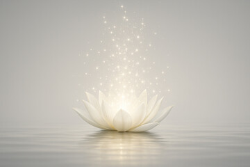 AI generated white lotus on calm water glowing with soft golden light expressing purity serenity and inner awakening in a peaceful spiritual atmosphere