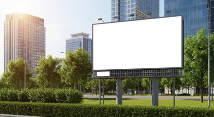 Fototapeta premium Blank Billboard Sign in Lush Green City Park With Modern Buildings and Sunlight