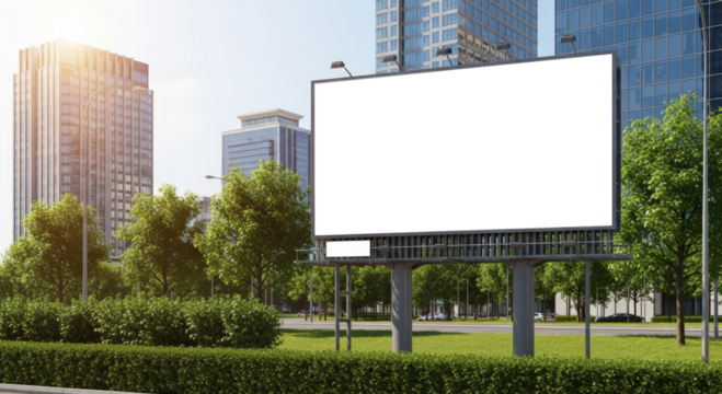 Blank Billboard Sign in Lush Green City Park With Modern Buildings and Sunlight