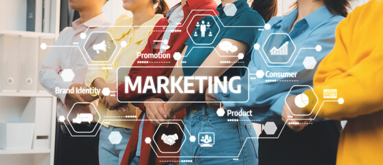 A diverse group of professionals stands together, illustrating collaboration in marketing strategies, highlighting brand identity, consumer insights, and key promotional tactics. Amity