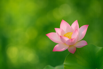 AI generated pink lotus blooming gently with warm yellow center against soft green bokeh background expressing peaceful natural beauty and quiet inner calm