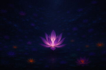 AI generated glowing purple lotus surrounded by mystical flowers in a deep cosmic dreamlike atmosphere symbolizing inner light awakening peace and spiritual connection in serene darkness