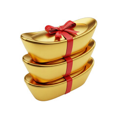 Stack of three golden chinese ingots tied with a red ribbon isolated on transparent background
