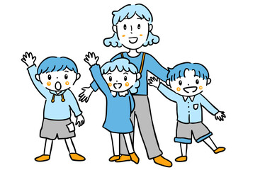 先生と手を挙げる子どもたちのイラスト／保育園・幼稚園・療育素材