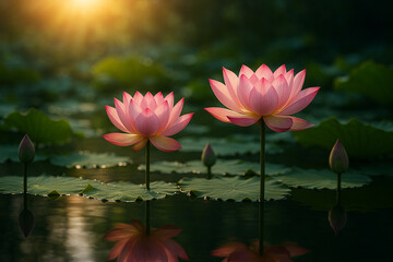 AI generated a tranquil scene of pink lotus flowers blooming on calm water with soft warm light reflecting peace purity and gentle spiritual beauty suitable for wellness meditation and nature themes