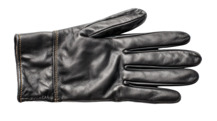 Single black leather glove laid flat background isolated on a Transparent background, PNG file.