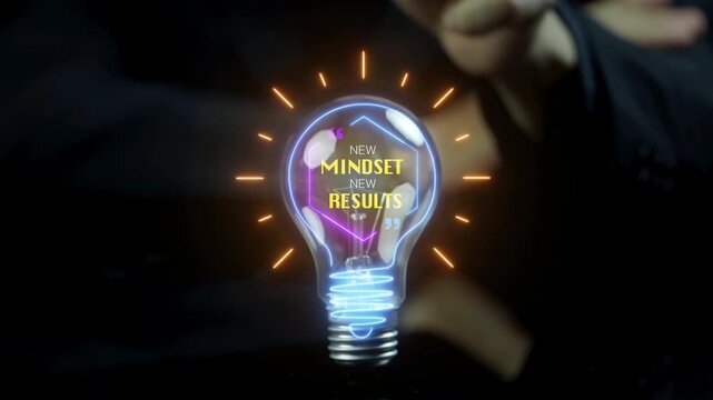 Businessman shows animated neon light bulb with the quote "NEW MINDSET NEW RESULTS." Represents motivational thinking, self-improvement, strategy, and positive change.