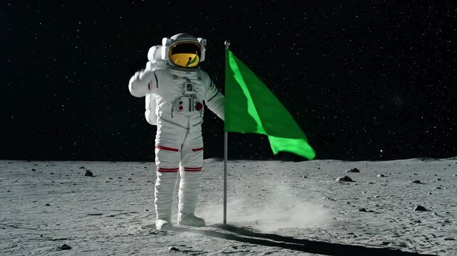 Green Screen lunar astronaut walks on the moon with flag placing a pole surface and salutes you can track add your logo scene 3 distortion, overlay, glitch, static noise, scan lines black background