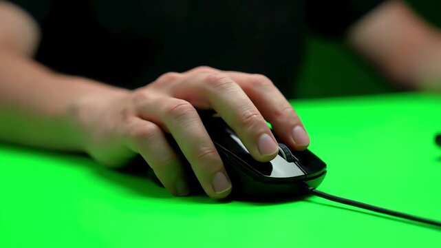 Green Screen office guy using chromakey computer closeup worker hand holding mouse device scene 3 with distortion, overlay, glitch, static noise, scan lines on black background, 4k animated video loop