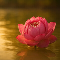 AI generated pink folded lotus gently floating on warm golden water expressing peaceful simplicity natural beauty and quiet spiritual softness