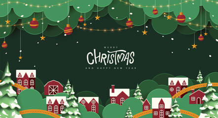 Christmas holiday village landscape background in paper cut style with snowy houses, pine trees, forest, decoration, star, ornament, hanging ball, snowfall, winter night, and greeting card banner