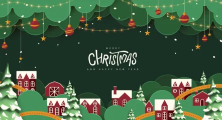 Selbstklebende Fototapeten Marienkäfer Christmas holiday village landscape background in paper cut style with snowy houses, pine trees, forest, decoration, star, ornament, hanging ball, snowfall, winter night, and greeting card banner  © bokmok