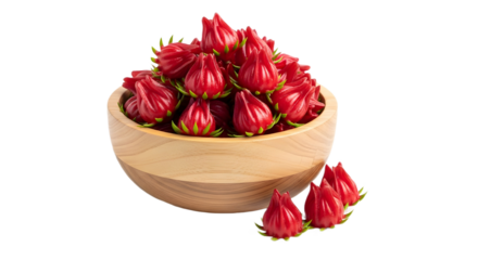 A wooden bowl filled with fresh red roselle buds on transparent background
