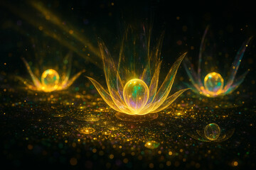 AI generated radiant lotus like energy forms glowing with golden and rainbow light in a mystical cosmic field creating a sense of wonder purity and spiritual awakening.