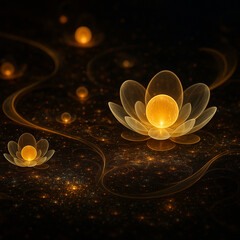 AI generated luminous lotus blooms glowing with warm golden energy floating in a deep dreamy space creating a calm mystical and spiritual atmosphere full of gentle cosmic beauty