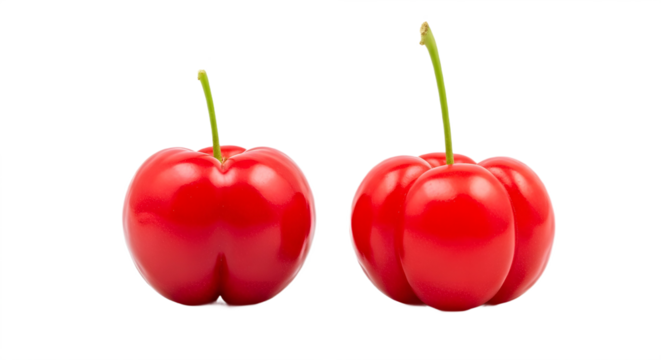 Two bright red cherries with green stems on transparent background