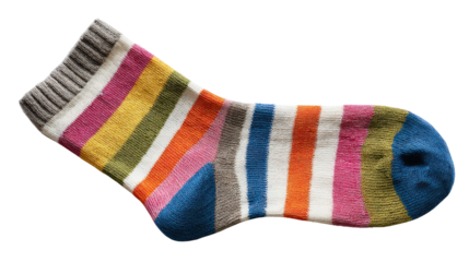 Single colorful striped sock laid flat isolated on a Transparent background, PNG file.