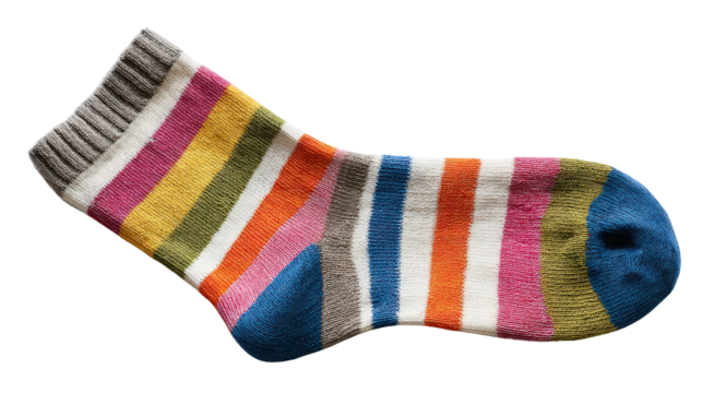 Single colorful striped sock laid flat isolated on a Transparent background, PNG file.