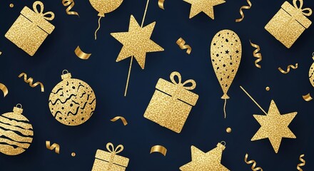 Elegant birthday ornament pattern, gold foil confetti on navy blue background