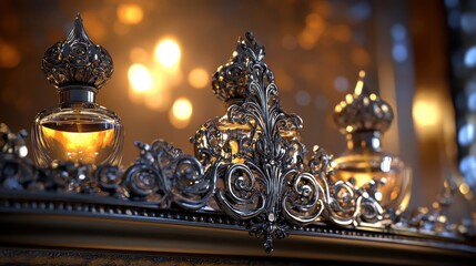 Fototapeta premium Ornate Silver Perfume Display Shelf with Filigree Details Close Up