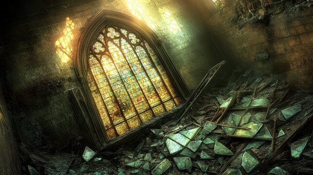 Ornate stained glass window shattered in aged church ruins