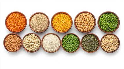 Overhead view of bowls filled with grains and fresh vegetables