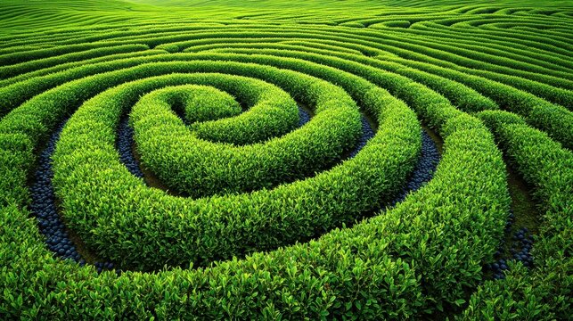 Overhead view of a vibrant spiral tea garden field