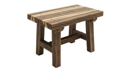 A small wooden stool with a rustic appearance on transparent background