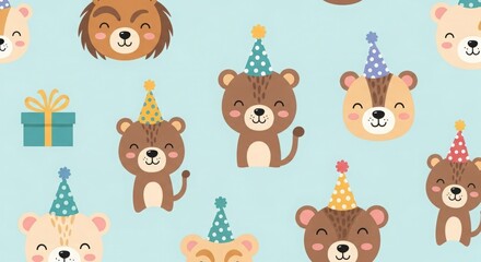 Obraz premium Pattern of smiling animals wearing party hats, playful children’s birthday design