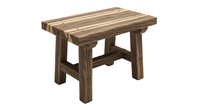 A small wooden stool with a rustic appearance on transparent background
