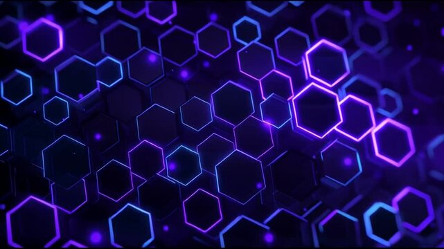 Abstract digital hexagon pattern with glowing neon lights and futuristic design.