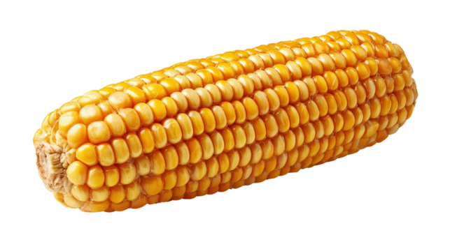 Single corn cob with golden kernels neatly aligned isolated on a Transparent background, PNG file.