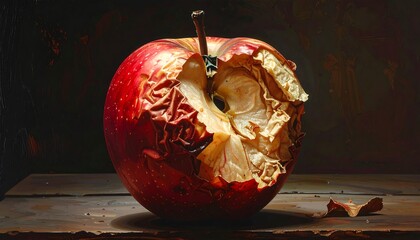 Close-up of a partially eaten red apple on a wooden surface in a dark setting