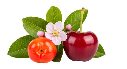 Red and orange cherries with leaves and flower buds on transparent background