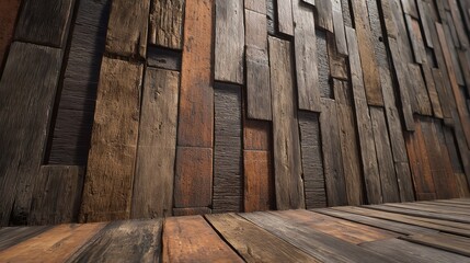 Rustic reclaimed wood wall and floor texture with a warm, natural, and weathered aesthetic, showcasing intricate grain patterns and a rich, earthy color palette