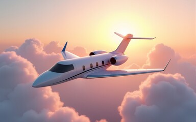 Obraz premium White private business jet on the background of the sunset in the sky, fluffy clouds. Business flights, private jet, luxury life, corporate travel, luxury travel. 3D illustration, 3D render.