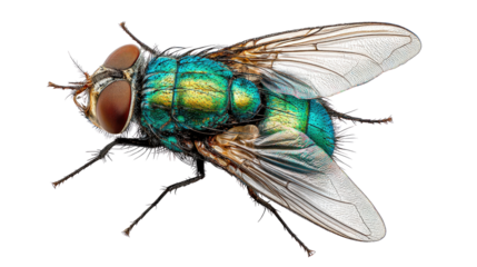 Single fly resting with legs tucked close to body isolated on a Transparent background, PNG file.