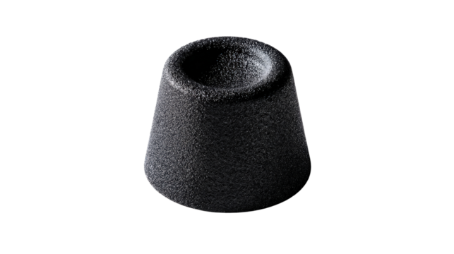 Single foam earplug casting soft shadow isolated on a Transparent background, PNG file.