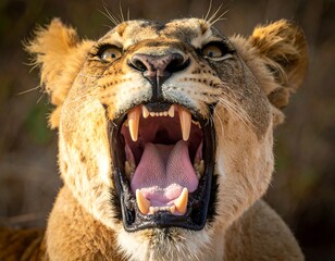 Close-up of a lioness roaring, showcasing her open mouth and teeth