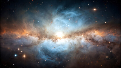 Colorful cosmic nebula with a bright core and many distant stars.