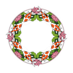 Circular floral frame with koi fish and lotus blossoms isolated on transparent background