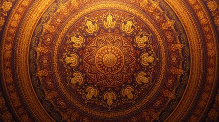 Intricate ancient ceiling fresco with mythological figures and ornate patterns