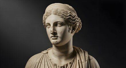 Serenity in Stone. A finely carved marble bust of a woman with flowing hair and tranquil expression—capturing the timeless grace and craftsmanship of Greco-Roman artistry.