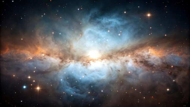 Colorful cosmic nebula with a bright core and many distant stars. - Powered by Adobe