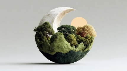A miniature, spherical landscape with lush green trees and moss is cradled within a crescent moon shape, illuminated by a soft, glowing sun.