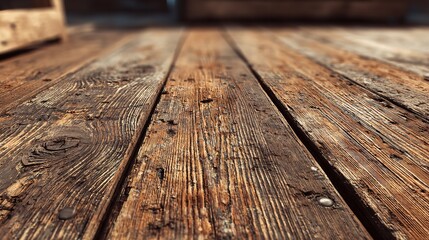 Closeup, lowangle view of weathered, rustic wooden planks with visible grain and texture, suggesting a natural, aged surface