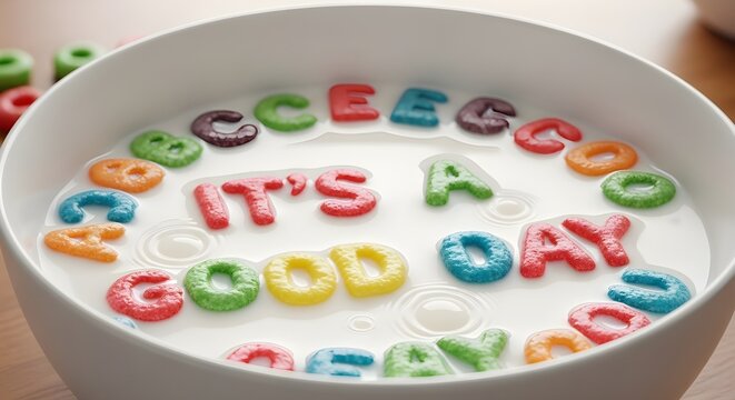 Cheerful cereal letters float in milk to spell “IT’S A GOOD DAY,” surrounded by playful repeats—blending breakfast fun with a bright, uplifting message. - Powered by Adobe