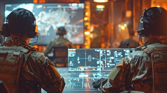 Military personnel operating advanced technology in a command center displaying world maps and data
