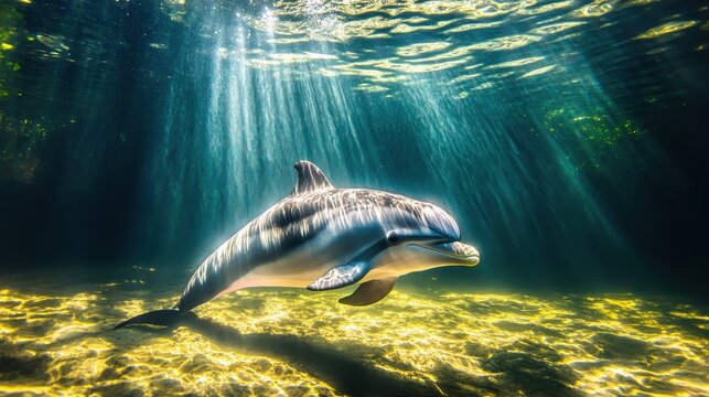 Pink River Dolphin Swimming Gracefully Underwater with Sunlight