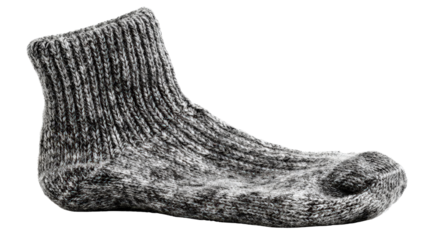Single grey wool sock with rough texture background isolated on a Transparent background, PNG file.